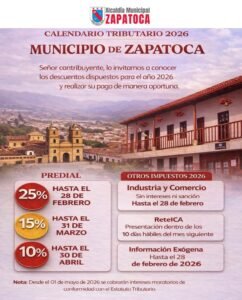 Alcaldía de Zapatoca presentó el Calendario Tributario 2026 con importantes descuentos